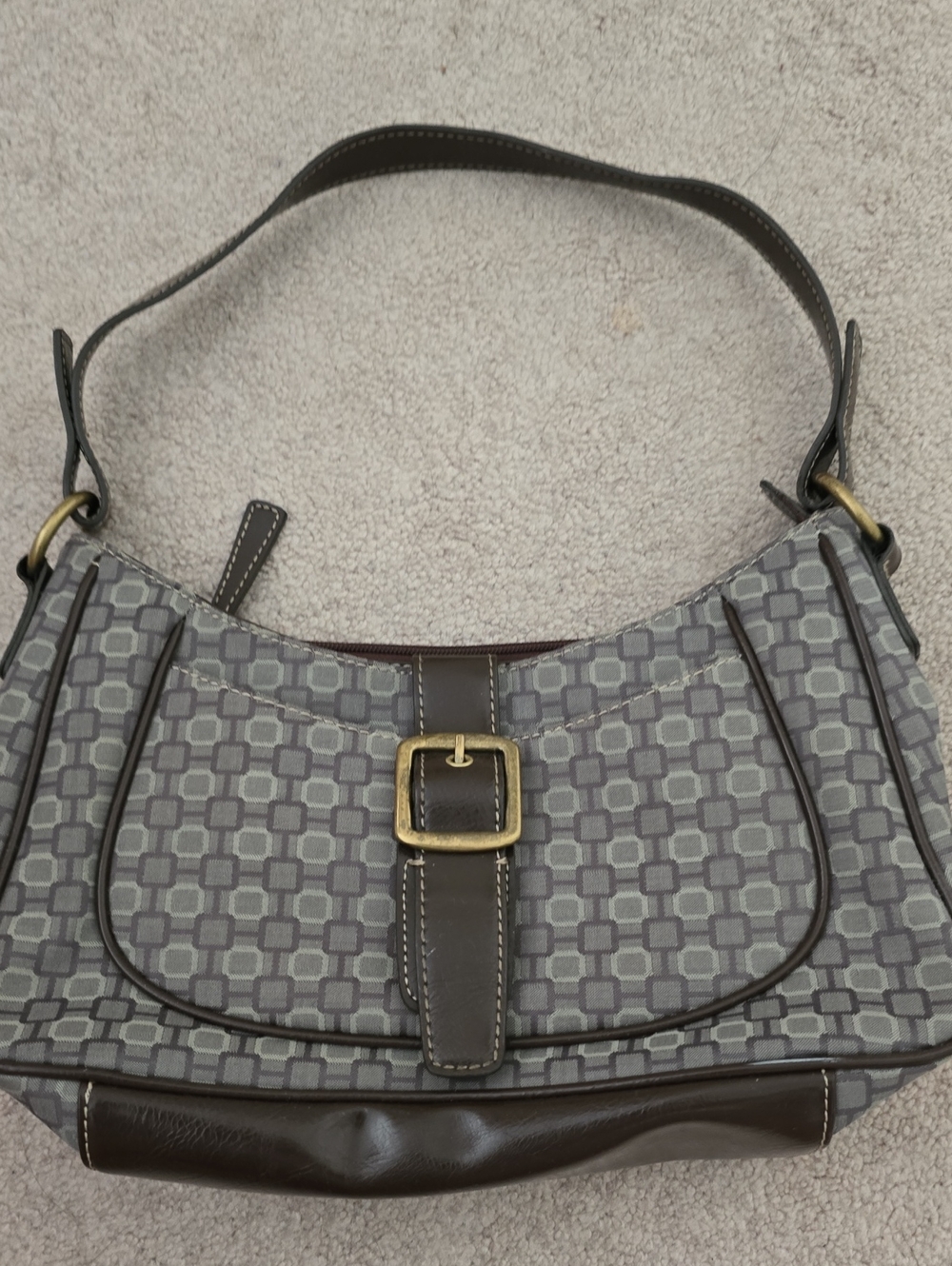 Women's Green Patterned Shoulder Bag with Brown Trim